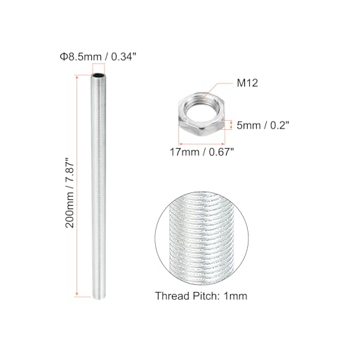 PATIKIL M12 Thread 7.87" Lamp Pipe Kit with Lock Nuts, 3 Set All Thread Rods Fasteners Hardware for Chandelier Ceiling Light DIY, Zinc Plating - size: 7.87"