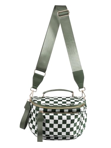 Checkered Crossbody Bag Bum Bag For Women,Spacious Checkered Purse Fanny Packs,Upgraded Version With Carry Handle - color: Handle Checkered - Bean Green