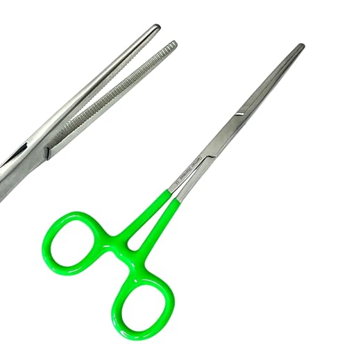 German Vinyl Grip Locking Straight & Curved Hemostat -Hemostat Forceps- Stainless Steel Locking Tweezer Clamps - Ideal Hemostats for Nurses, Fishing Forceps, Crafts and Hobby (Green STR+CVD 6.25")