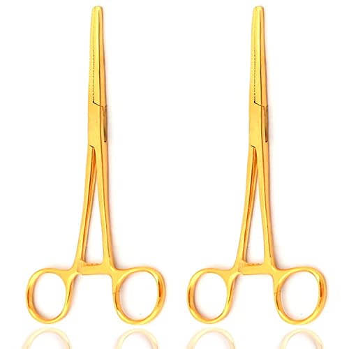 2 Piece Curved & Straight 8" Hemostat Set, Stainless Steel Locking Tweezer Clamps - Ideal Hemostats for Nurses, Fishing Forceps, Crafts and Hobby (Gold) - color: Gold