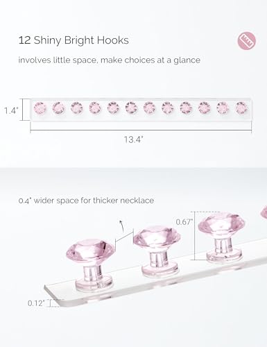 Acrylic Necklaces Holder Wall Mounted Necklace Hangers Hanging Jewelry Organizer with 12 Hooks, Clear Jewelry Hangers for Necklace Organizer for Girls Women, Necklace Hooks for Wall (Pink, 2 Pack) - color: Pink – 2Pack