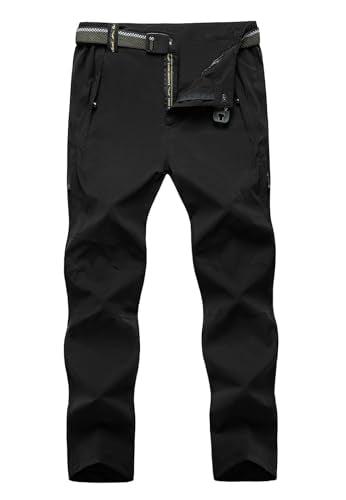 TBMPOY Men's Lightweight Hiking Pants with Belt 5 Zip Pockets Waterproof Quick-Dry Travel Fishing Work Outdoor Pants - color: A3-thin Black, size: Medium