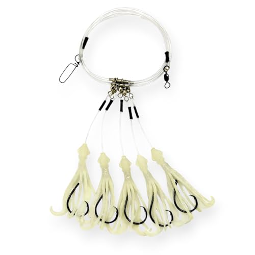 End Game Tackle Deep Drop Rig – Made in USA – New Super Stretch Glow Squid – NOAA Compliant Non-Offset Circle Hooks for Bottom Fishing - color: Natural Glow, size: 6/0 – 5 Hook