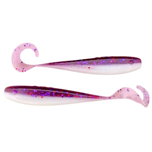 A.M. Fishing Curly Tail Jerkshad 4 Inch Soft Baits Garlic Infused,– 8 Pack – Saltwater & Freshwater Fishing Lures for Bass, Redfish, Snook, and Trout - color: Dragon Fruit