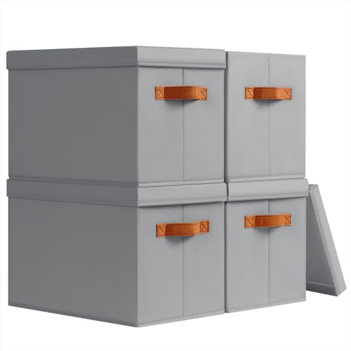 Homsorout Storage Bins with Lids - Fabric Storage Baskets for Shelves, 4 Pack Foldable Decorative Boxes with Handles, Stackable Organizer Bins for Home, Nursery, Dorm, Grey - color: Grey, size: L(4-Pack)