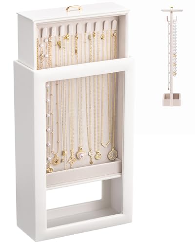 Lolalet Upgraded Double-Sided Hanging Necklace Organizer Box, Jewelry Display Case with Double-Sided Clear Window for Necklaces Bracelets, Tangle-Free Necklace Storage Box, White, 1-Layer 20 Hooks - color: White, size: 1-Layer, 20 Hooks