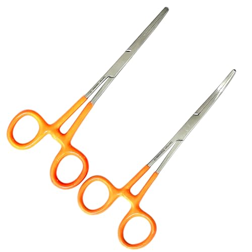 German Vinyl Grip Locking Straight & Curved Hemostat -Hemostat Forceps- Stainless Steel Locking Tweezer Clamps - Ideal Hemostats for Nurses, Fishing Forceps, Crafts and Hobby (Orange STR+CVD 6.25")