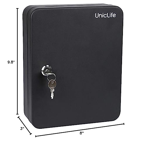 Uniclife 48-Key Steel Key Cabinet with 2 Unlocking Keys Wall Mounted Key Organizer Black Frosted Security Box with Hooks and Key Tag Labels Identifiers in 9 Assorted Colors - color: Black, size: 48-Key