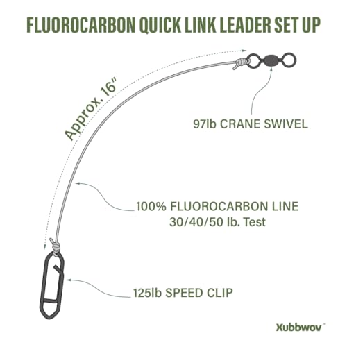6-Pack Quick Link Fluorocarbon Leaders | 16" Hand-Tied 30, 40, 50lb Line with Heavy Duty 97lb Crane Swivel & 125lb Speed Clip Connects Hooks, Lures or Baits for Saltwater Fishing