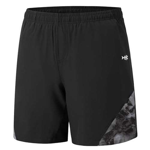 BASSDASH Men’s 7” Fishing Shorts UPF 50+ Lightweight Water Resistant Quick Dry for Hiking with Zipper Pocket FP06M - color: Black/Splash Black, size: Medium