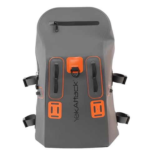 YakAttack 28L DryPak Waterproof Backpack - Grey/Orange | Floating Marine Dry Bag Pack with Padded Straps for Kayaking, Fishing & Hiking | 10" x 22" x 12" | Lightweight Outdoor Gear & Storage Drybag - color: Grey/Orange, style: Drypak