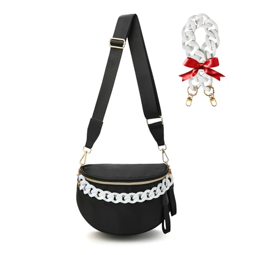 Crossbody Bags for Women, Checkered Bum Bag Crossbody, Spacious Nylon Shoulder Handbag Mom Bag with White Chain (black-white chain) - color: black-white chain
