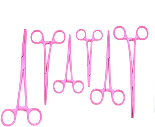 Pink Color Premium Quality Ultimate Set of 6 Pcs Straight & Curved Hemostat Forceps Locking Clamps Stainless Steel Full Serrated Jaws for Better Grip-Ideal for Nurses, Fishing + More - color: Pink Color