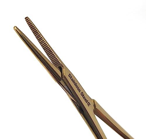 Mosquito Hemostat Locking Forceps 5" Straight with Full Serrated Jaws Ideal for Clamping, Fishing, Firefighters Nurses Doctors + More (Full Gold) - color: Full Gold