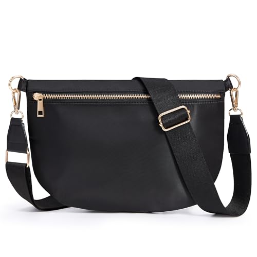 KALIDI Black Crossbody Bags for Women Travel Flat Fanny Packs for Woman Men Nylon Cross Body Purse Fashion Belt Bum Bag - color: Pure Black