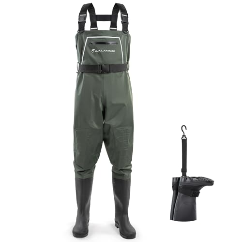 Calamus WaveWalker Fishing Waders for Men & Women, 100% Waterproof PVC Waders with Slip-Resistant Boots, Tear-Resistant Nylon - color: Military Green, size: 12