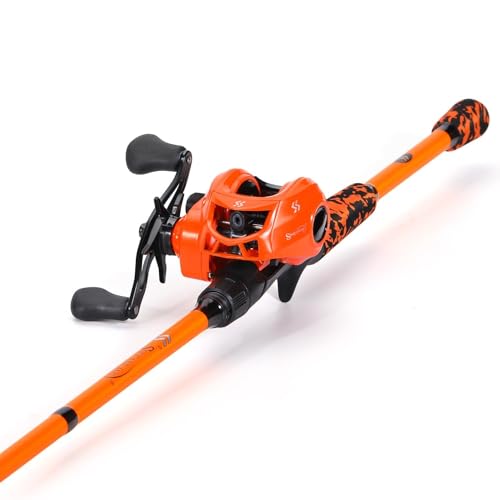 Sougayilang Baitcaster Combo, IM7 Graphite 2Pc Blank Rods,M/MH Power,EVA Handle & Stainless Steel Guides，7.1:1 Gear Ratio, 18LB Drag for Bass, Walleye, Pike - color: orange-right, size: 6'10''-Medium