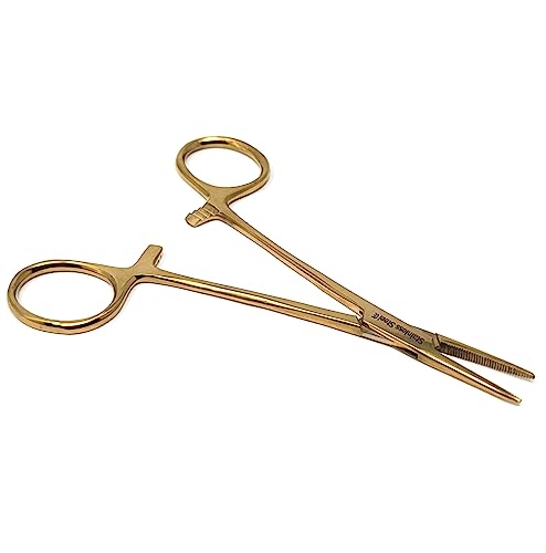 Mosquito Hemostat Locking Forceps 5" Straight with Full Serrated Jaws Ideal for Clamping, Fishing, Firefighters Nurses Doctors + More (Full Gold) - color: Full Gold