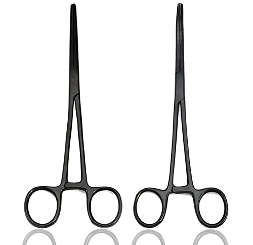 2 Piece Curved & Straight 8" Hemostat Set, Stainless Steel Locking Tweezer Clamps - Ideal Hemostats for Nurses, Fishing Forceps, Crafts and Hobby (Black) - color: Black