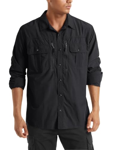TACVASEN Fishing Shirt for Men, Long Sleeve Shirt Quick Dry Fit, Tactical Shirt Button Up, Work Shirt Lightweight Safari - color: Black, size: X-Large