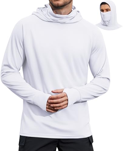 COOFANDY Mens UPF 50+ Sun Protection Hoodie with Mask Lightweight Long Sleeve SPF Fishing Shirts UV Hiking Running Rash Guard - color: White, size: XX-Large
