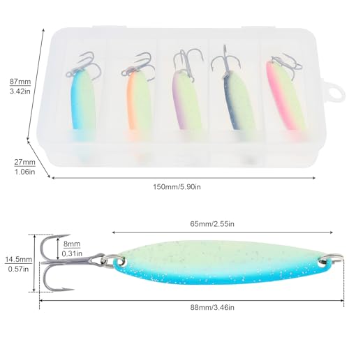 5pcs Luminous Fishing Spoons Metal Lures Hard Baits, Spinnerbaits Fish Fishing Lure Jig Glow for Salmon Bass Trout