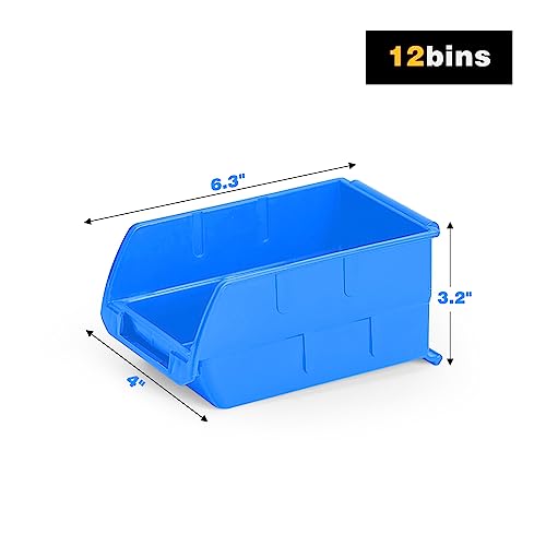 Ultrawall Wall Mounted Storage Bins, Plastic Hanging Storage Organizer Bins, Garage Tool Storage System for Screws, Nuts, Bolts, Nails, and Small Hardware Parts, 12x bins & 3 x rails, Blue - color: Blue