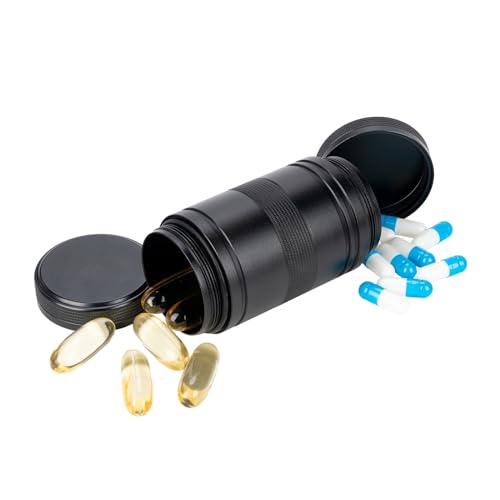 Pill Box 2 Times A Day Daily Waterproof AM PM Metal Pill Case - Travel Pill Container Twice A Day with 2 Compartment, Portable Medicine Organizer Holder for Vitamin, Fish Oils, Supplements - color: Black, size: Medium-Medium