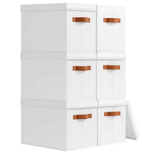 Homsorout Storage Bins with Lids - Fabric Storage Baskets for Shelves, 6 Pack Foldable Decorative Boxes with Handles, Stackable Organizer Bins for Home, Nursery, Dorm, White - color: White, size: L(6-Pack)