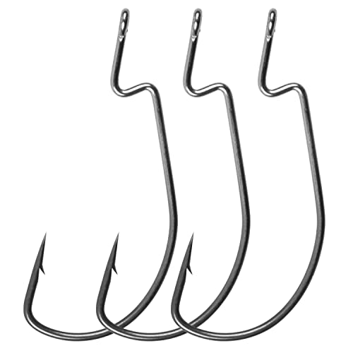 Offset Bass Fishing Hooks, 100pcs Wide Gap Worm Hooks 3X High Carbon Steel Bait Jig Fish Hooks for Bass Trout Saltwater Freshwater - size: 100pcs-3/0