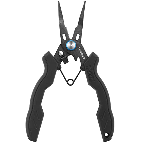 TRUSCEND Easy Use Lockable Fishing Pliers with Tungsten Carbide Cutter, Innovative Ergonomic Handy Handle, Saltwater Corrosion Resistant Teflon Coated Fishing Tool, Light Multi-Function Fishing Gear - color: E2-black
