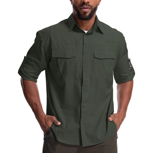 Mens Safari Sun Shirts UPF 50+ UV Sun Protection Long Sleeve Outdoor Quick Dry Fishing Hiking Gardening Shirts - color: 5051 Army Green, size: Medium