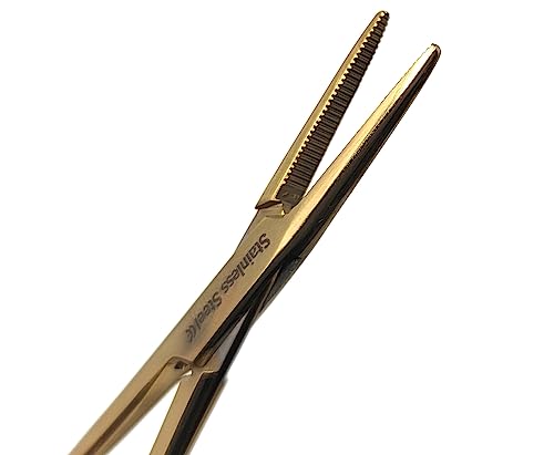 Mosquito Hemostat Locking Forceps 5" Straight with Full Serrated Jaws Ideal for Clamping, Fishing, Firefighters Nurses Doctors + More (Full Gold) - color: Full Gold