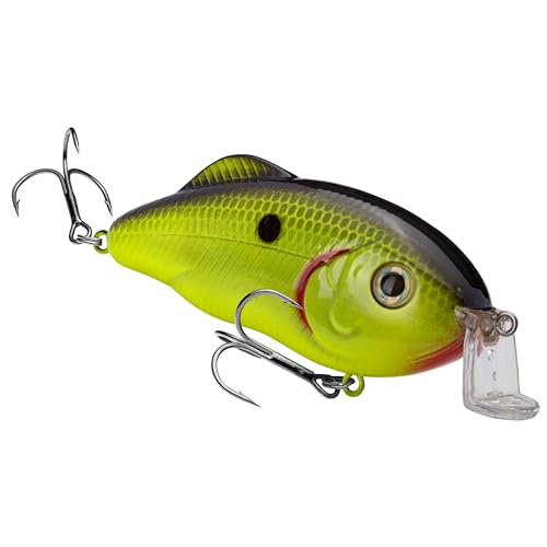 Strike King Hybrid Hunter Shallow Jr. Fishing Lure, Shallow Diving Crankbait, 90-Degree Bill, 3D Eyes, Loud Rattle, Dives 1 to 3-Feet,Size 4 & 6 Treble Hooks - color: Chartreuse with Black Back, size: 1 oz