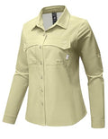 Haimont Women's UPF 50+ Long Sleeve Hiking Button Down Shirt | Quick-Dry, Mesh Back Vents, Roll-Up Tabs, Rod Holder, Lens Cloth, Camping & Travel - color: Khaki, size: XX-Large