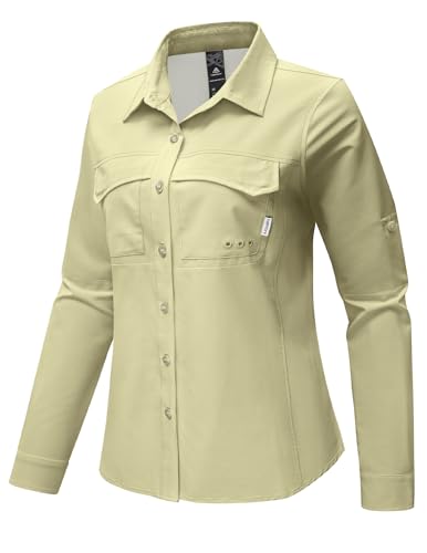 Haimont Women's UPF 50+ Long Sleeve Hiking Button Down Shirt | Quick-Dry, Mesh Back Vents, Roll-Up Tabs, Rod Holder, Lens Cloth, Camping & Travel - color: Khaki, size: Medium