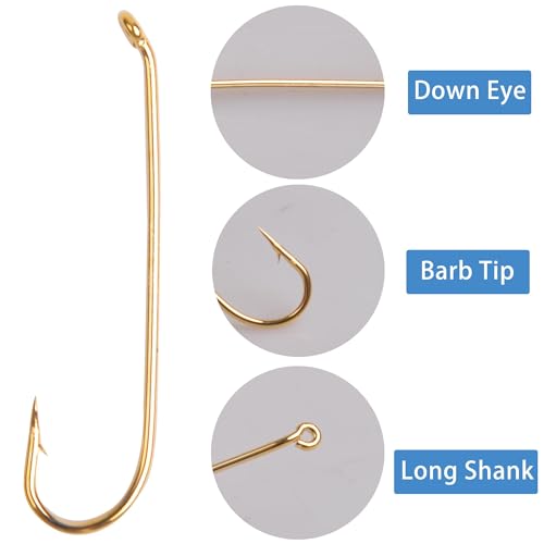 200pcs Fly Hooks for Fly Tying Dry Wet Barbless Nymph Flies Curved Fly Fishing Hooks IGN Carbon Steel Long Shank Jig Hook with Tackle Box 2# 4# 6# 8# 10# - color: Gold, size: 2# - 200 Pack