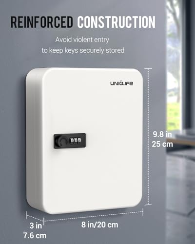 Uniclife 48 Position Key Cabinet with Combination Lock Resettable White Digital Security Storage Box Steel Key Organizer with Colorful Key Tag Labels Stickers and Hooks - color: White, size: 48 Keys