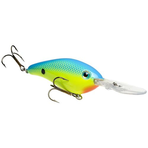 Strike King Pro Model 6XD Fishing Lure, Deep Diving Crankbait, Unique Curved Bill, Free-Floating Rattle Chambers, 1-Ounce, Dives to 19-Feet, Size 1 Treble Hooks - color: Chartreuse / Powder with Blue Back, size: 1 oz