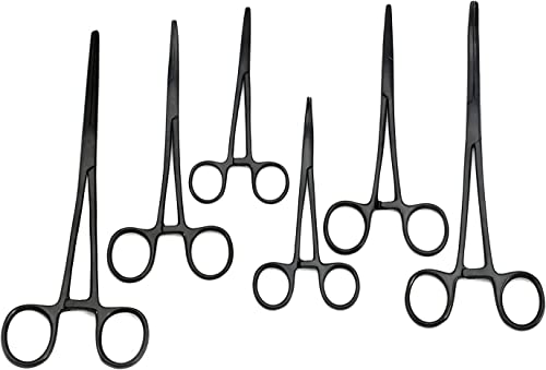 Black Color Ultimate Hemostat Forceps Set of 6-Straight & Curved Hemostat Forceps Locking Clamps Stainless Steel Full Serrated Jaws-Ideal for Nurses, Fishing Set