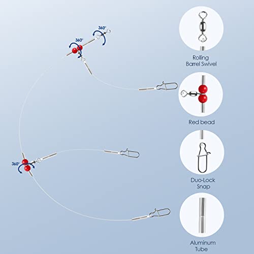Fishing Leader Fishing Rigs, Luroad 6/12/18 Pcs Nylon-Coated Lines with Swivels Snap Beads, Stainless Steel Hooks Crimps Saltwater Freshwater for Fishing Lovers Angler, 1 Arm/ 2 Arms - color: J.2 Arm-Red-6pcs