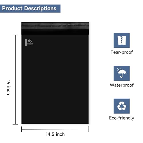 KKBESTPACK BLACK 14.5x19 100 PCS Large Poly Mailers Shipping Bags for Small Business – Self Sealing Package Envelopes - color: Black, size: 14.5" x 19" 100pcs