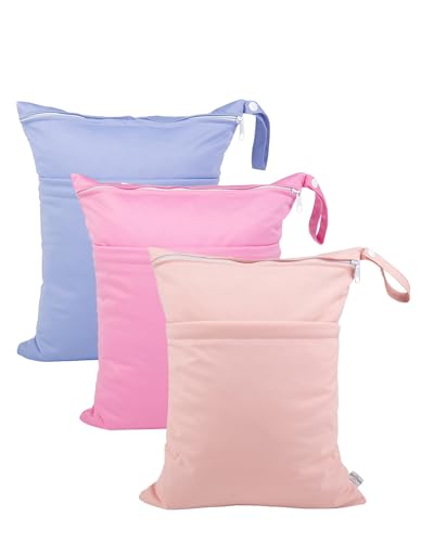 babygoal Wet Dry Bags for Baby Cloth Diapers, Washable Travel Bags, Beach, Pool, Gym Bag for Swimsuits & Wet Clothes with 2 Pockets 3 Pack 3LN09 - color: Pink