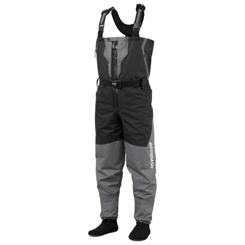 BASSDASH VORTEXIS Men’s Zippered Breathable Chest Waders Waterproof for Fly Fishing Hunting Stocking Foot Lightweight - color: Black/Grey, size: X-Large, Stocking Foot 11-12