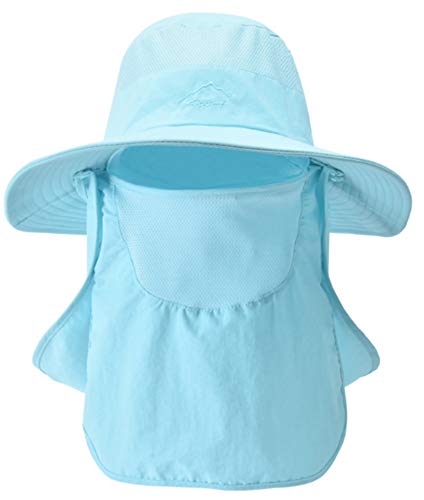 Fishing Hat for Men & Women, Outdoor UV Sun Protection Wide Brim Hat with Face Cover & Neck Flap - color: Light Blue