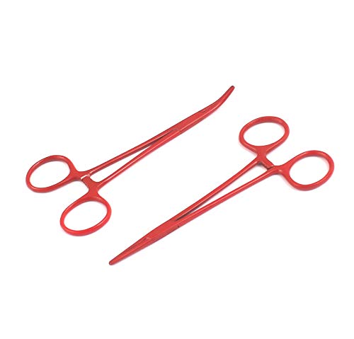 OdontoMed2011® Hemostat Forceps Locking Clamps Serrated Fishing Locking Forceps Clamp Fish Hook Remover Forceps (5" Straight & Curved, Full Red) - color: Red, size: 5" Straight & Curved