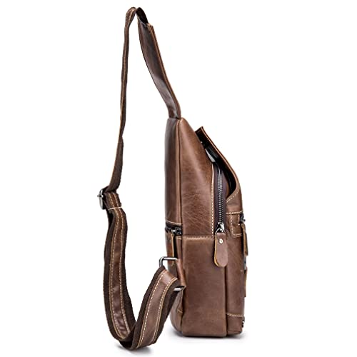 Hebetag Leather Sling Bag Crossbody Backpack for Men Women Travel Outdoor Camping - color: #12brown