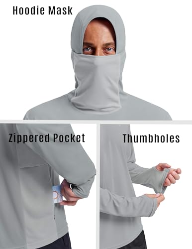 PINSPARK UPF 50+ Sun Protection Hoodie Men with Mask Quick Dry Long Sleeve Fishing Hiking Shirts UV Rash Guard Lightweight - color: Light Grey, size: Large