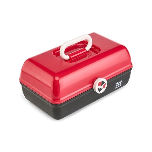 Caboodles School Spirit On-The-Go Girl Makeup Box, Red Over Black, Hard Plastic Makeup Organizer Box, Built-In Mirror, Secure Latch for Safe Travel, Spacious Storage for Large Items - color: Red Black School Spirit