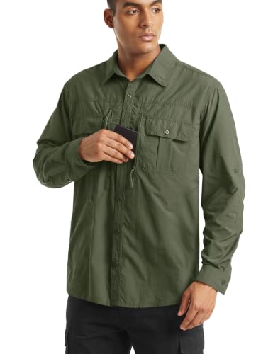 TACVASEN Fishing Shirt for Men, Long Sleeve Shirt Quick Dry Fit, Tactical Shirt Button Up, Work Shirt Lightweight Safari - color: Green, size: X-Large